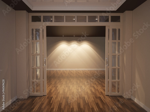 3d illustration of empty interior with open doors