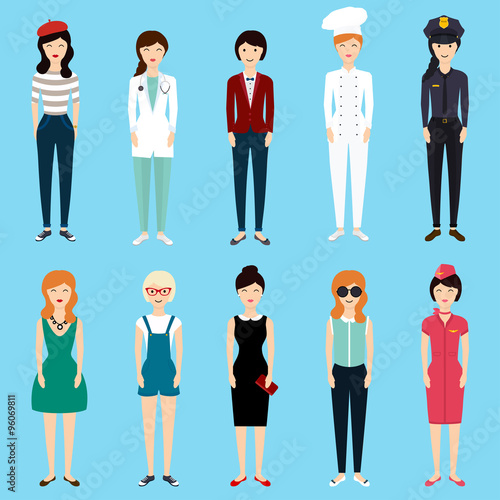 Set of colorful profession woman flat style: businesswoman, doct