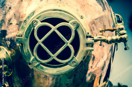 Copper old diving helmet, close-up photo