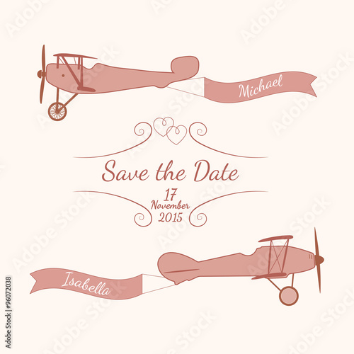 Retro planes with a wedding banner and names of newlyweds