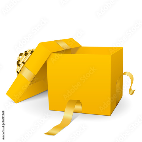 Offene, leere Vektor Geschenkkiste mit goldener Schleife und Band - Isoliert auf weißem Hintergrund - Freigestellt - Vorlage für eigene Geschenkideen, Symbole, Objekte und Gegenstände.
