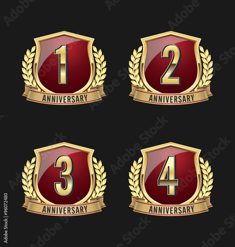 Vector Set of gold and red anniversary badge 1st, 2nd, 3rd, 4th Years