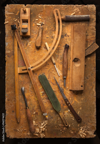Hand tools Wood on an old wooden workbench