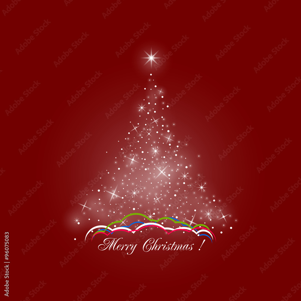 Bright Stylized Christmas Tree of Lights on Red Background , Colorful Snow Drifts, Merry Christmas, Vector Illustration