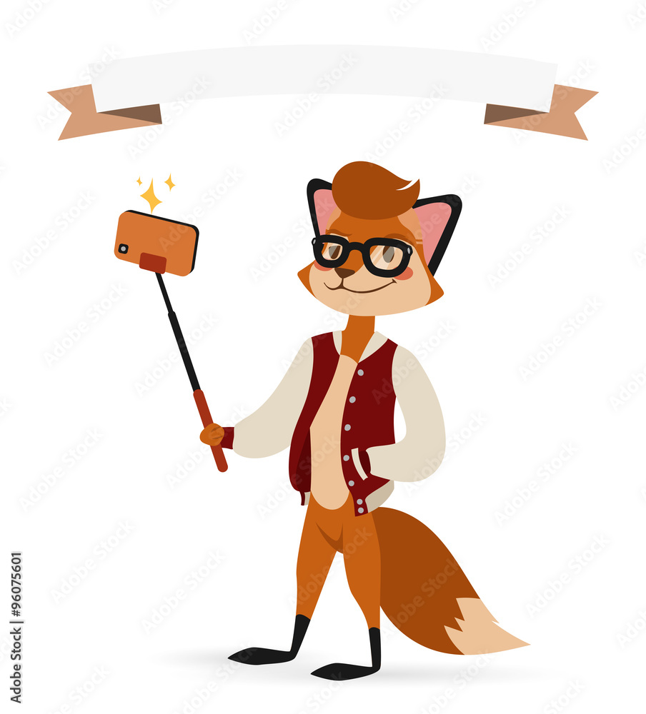 Selfie photo fox boy hipster with glasses vector portrait illustration on white background