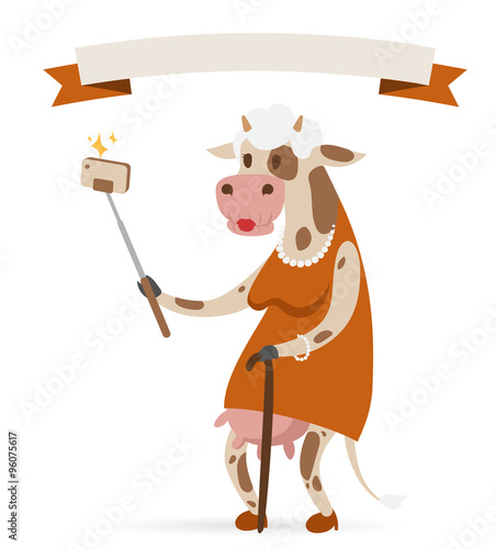 Selfie photo cow old woman vector portrait illustration on white background
