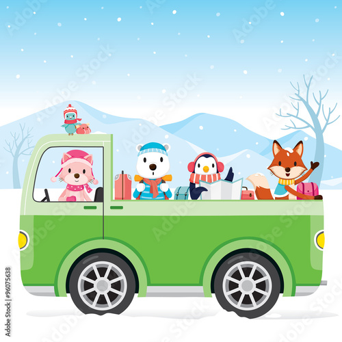 Animal On Pick Up Driving To Travel, Animal, Activity, Travel, Winter, Season, Vacation