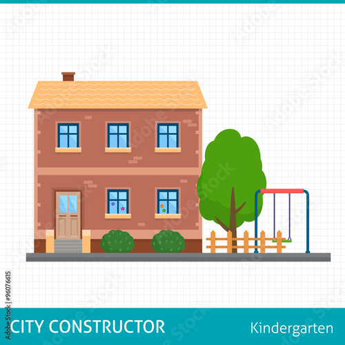 Kindergarten building with kids playground. 