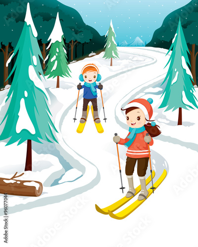 Boy And Girl Skiing, Activity, Travel, Winter, Season, Vacation, holiday, Nature, Object