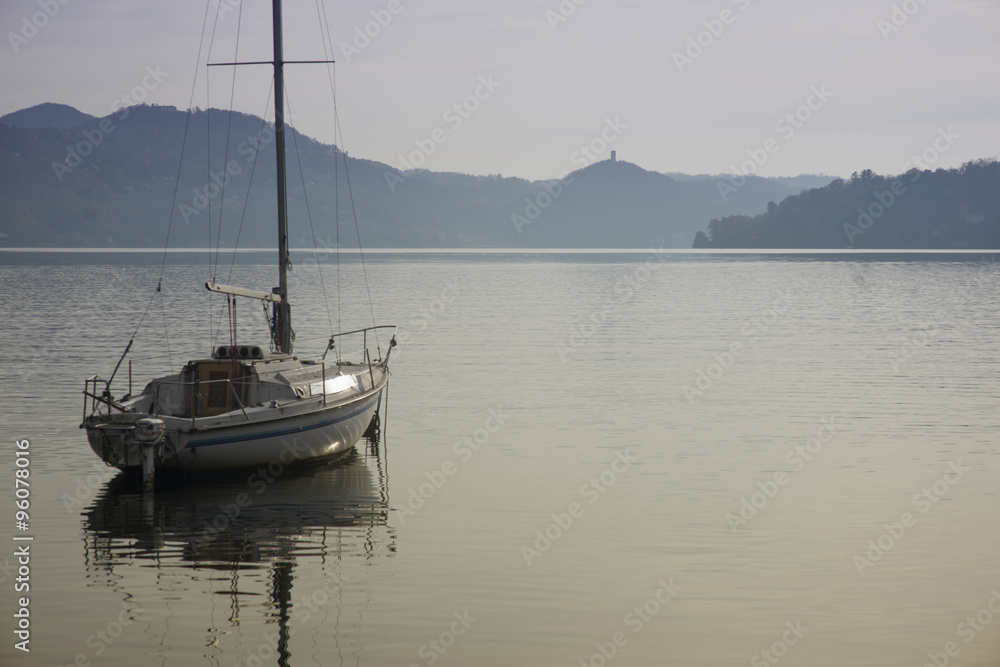 Lake Orta with moored boat and 