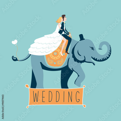 The bride and groom riding on an elephant. Isolated vector illustration. Template for invintation cards. 