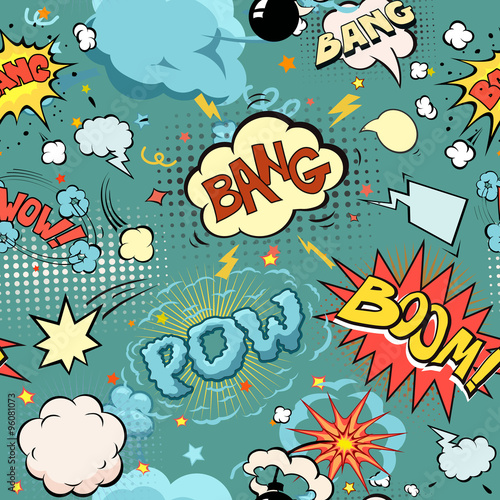 Seamless Comic Book Explosion  Bombs And Blast Set.  bubbles for speech  different sounds and arrows
