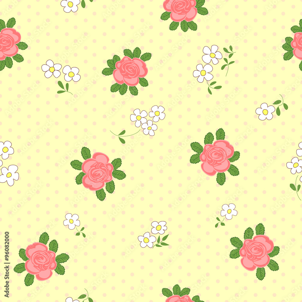 Seamless pattern with cartoon daisies and roses. Seamless pattern with cartoon daisies and roses.
