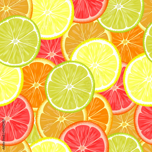 Repeating seamless pattern of different citruses. 