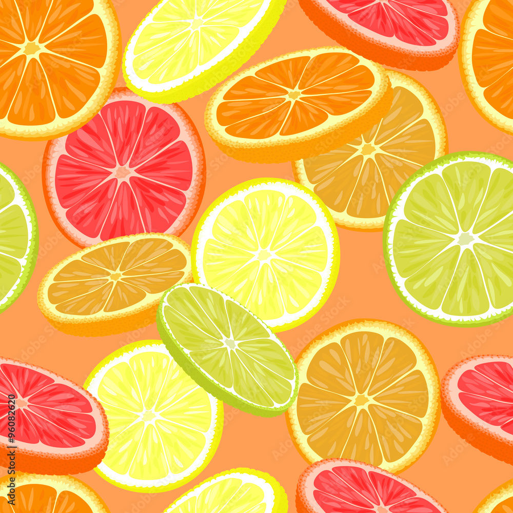 Repeating seamless pattern of different citruses. 