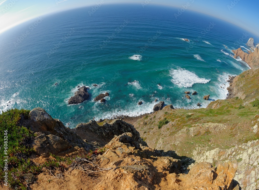 Fisheye view of rocky sea coast at Cabo Da Roca, Portugal Fisheye view of rocky sea coast at Cabo Da Roca, Portugal