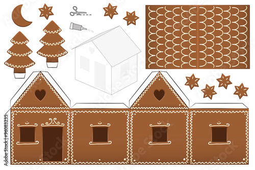 Gingerbread house paper model with trees, moon and stars - print it on heavy paper, cut the pieces out, score and fold them and glue them together. Isolated vector illustration on white background.