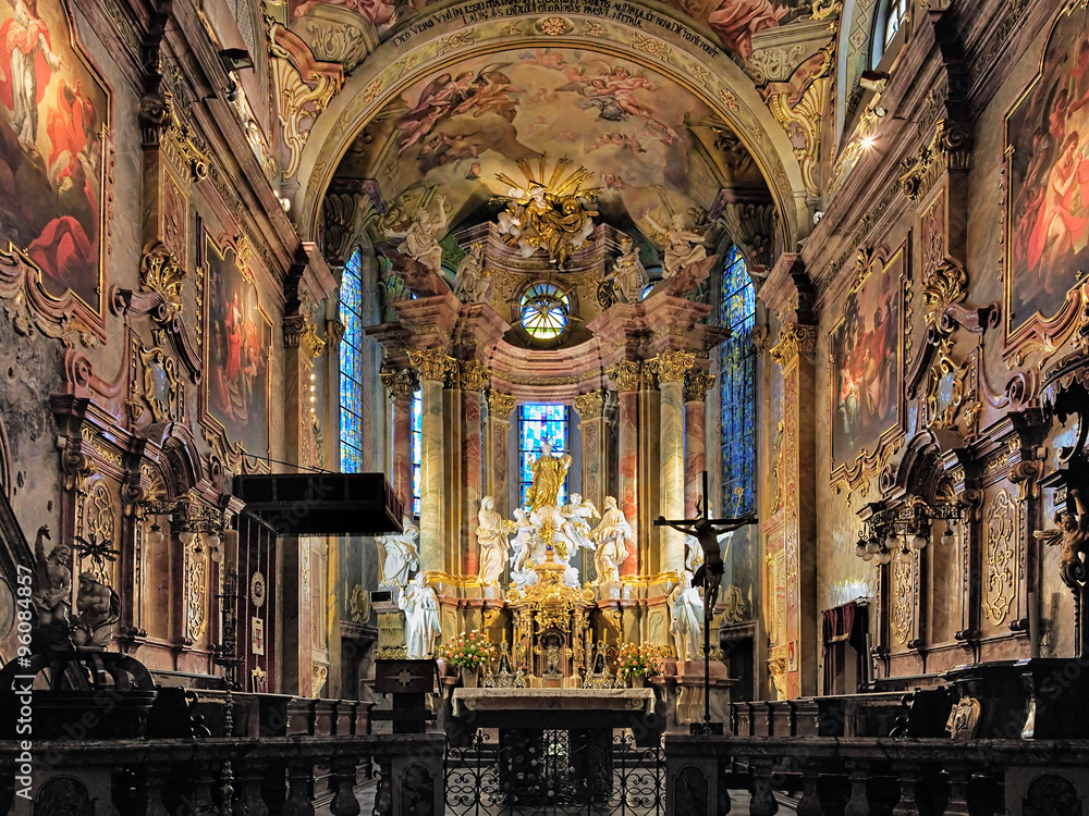 Interior of St. Emmeram's Cathedral in Nitra, Slovakia. The cathedral is the oldest diocesan church in Slovakia. First church on this place was consecrated ca 830.