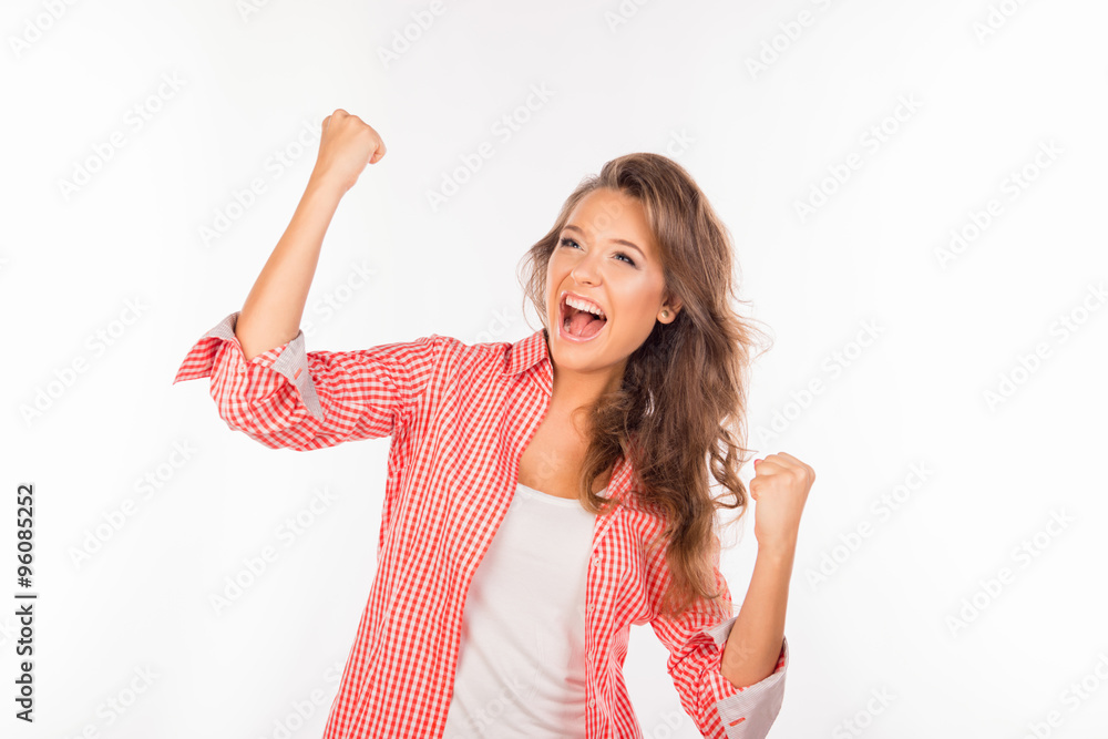 Happy girl showing successful achieving the goal Happy girl showing successful achieving the goal