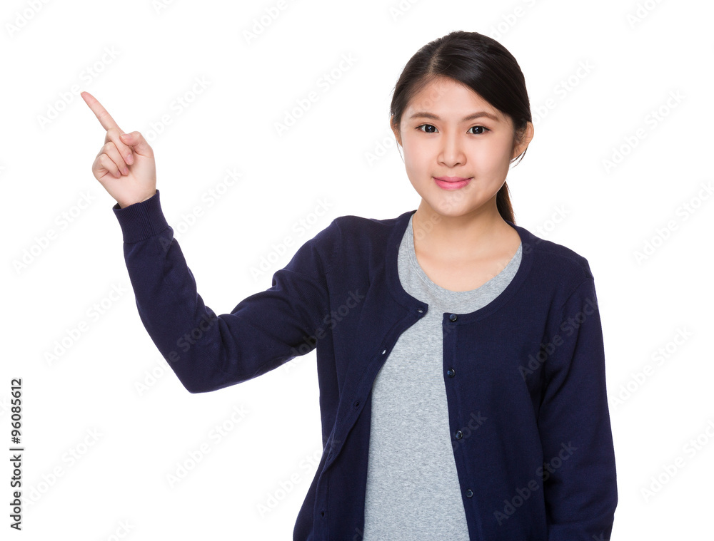 Young Woman showing finger point up Young Woman showing finger point up