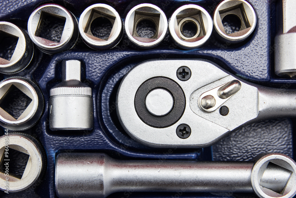 close up car engine with tools close up car engine with tools