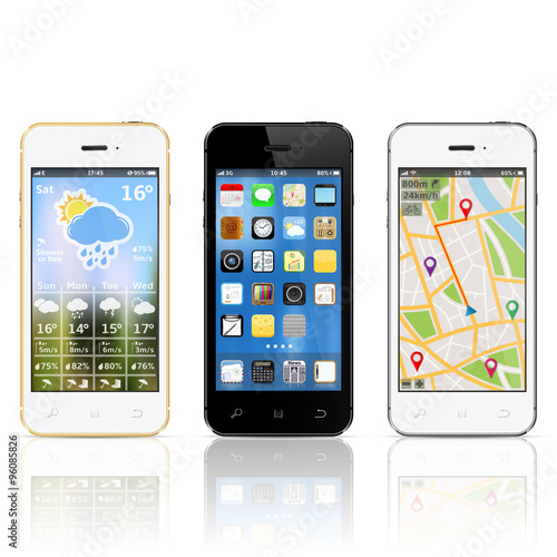 Modern vector smartphones with widgets on screens