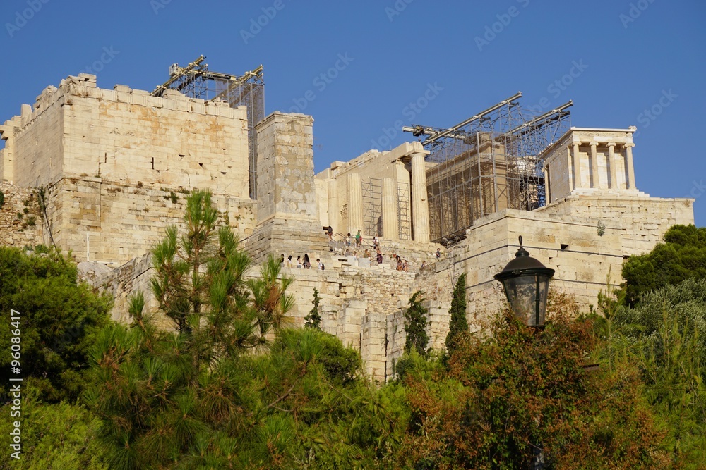 The ancient Acropolis of Athens with the Parthenon, currently undergoing renovation