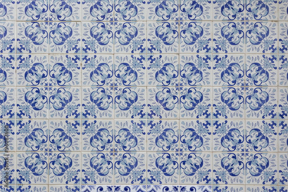 Patterned blue Portuguese tiles. Close-up.