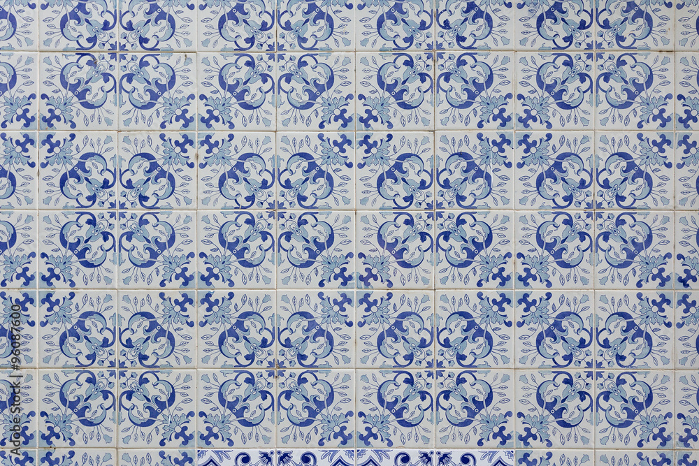 Patterned blue Portuguese tiles. Close-up. Patterned blue Portuguese tiles. Close-up.