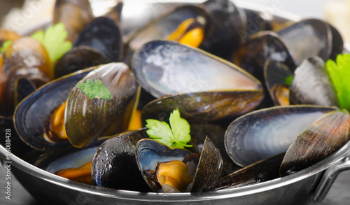 Boiled mussels in cooking dish