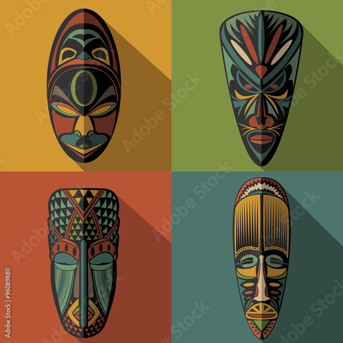 Set of African Ethnic Tribal masks on colour background