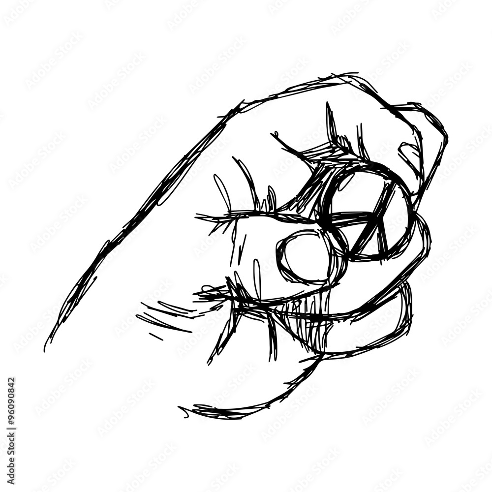 illustration vector doodle hand drawn of sketch left hand holding coin with peace sign.