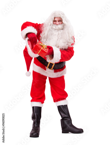 Santa Claus pulls a hat Christmas box isolated on white background
