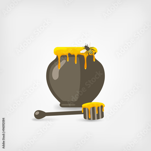 honey pot with bee and wooden dipper