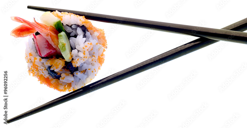 Sushi and chopsticks isolated on white. - obrazy, fototapety, plakaty 