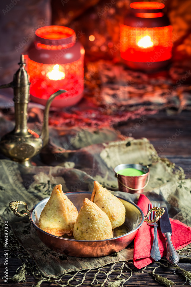 Fried samosa with vegetables and meat