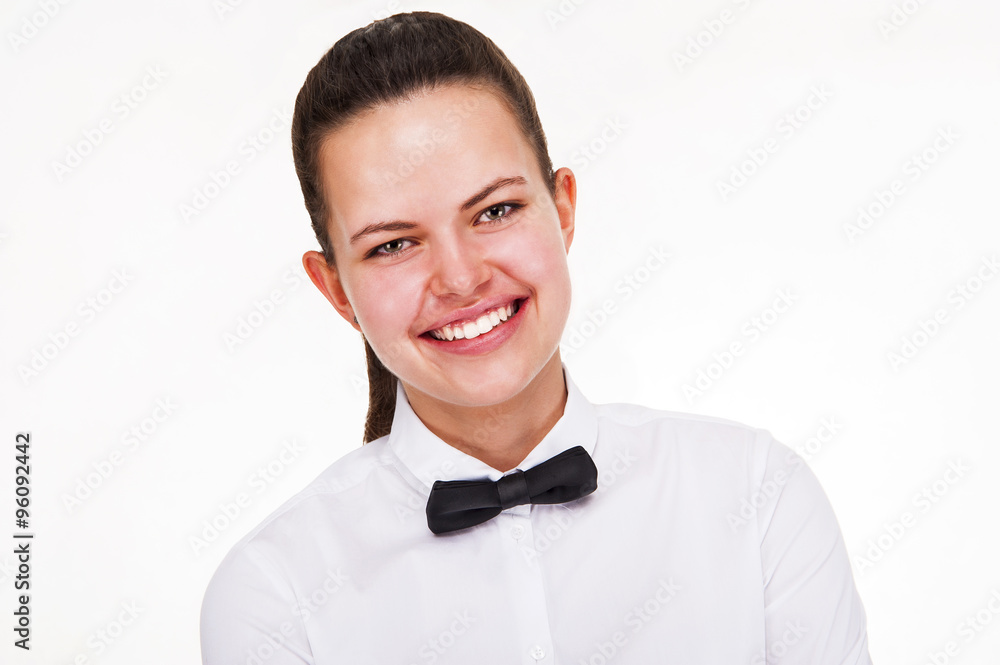Young woman in waiter uniform isolated over white background. Young woman in waiter uniform isolated over white background.