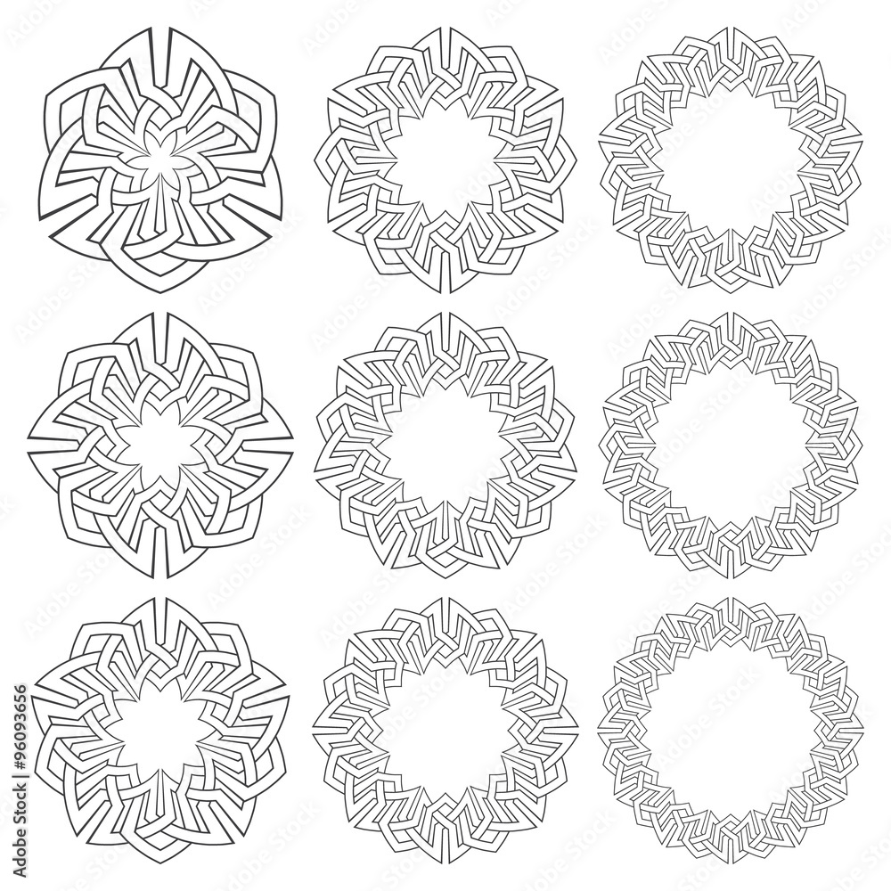 Set of magic knotting circles. Nine decorative logo elements with stripes braiding for your design Set of magic knotting circles. Nine decorative logo elements with stripes braiding for your design