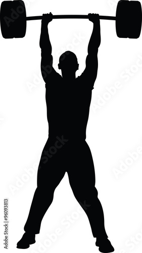 Silhouette illustration of a strong man lifting a barbell with weights over his head with success.