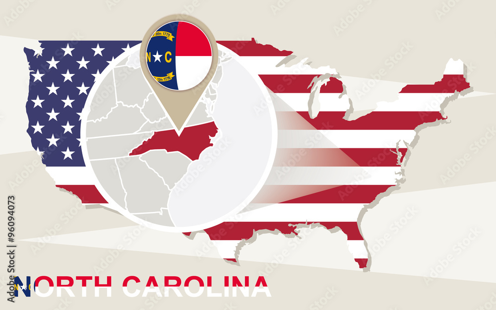 USA map with magnified North Carolina State. North Carolina flag Stock ...
