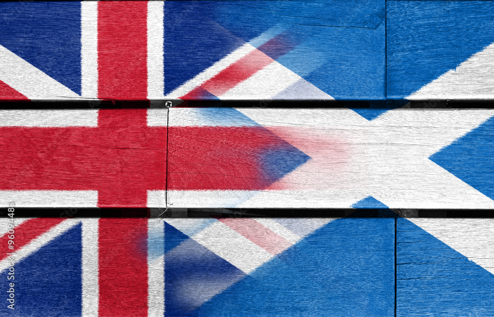 Fototapeta premium UK and scotland flag on wood background