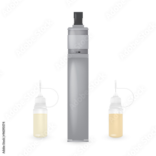 Vector illustration of vaping kit - mechanical mod with bottles with liquid