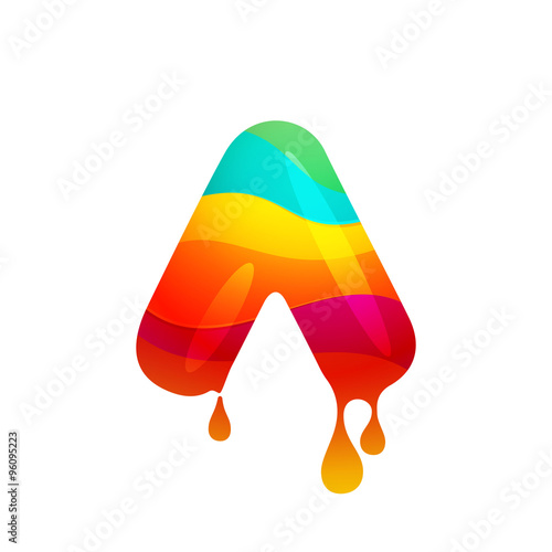 A letter logo with juice splash, waves and drops.