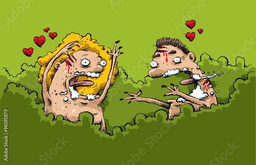 A naked, cartoon couple in nature who are foaming at the mouths because they are rabid with infatuation.