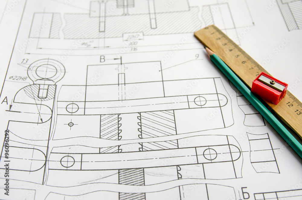 Pencil, ruler and engineering drawings Pencil, ruler and engineering drawings