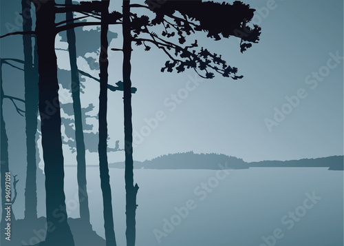 Silhouette illustration of trees looking out over a northern lake.