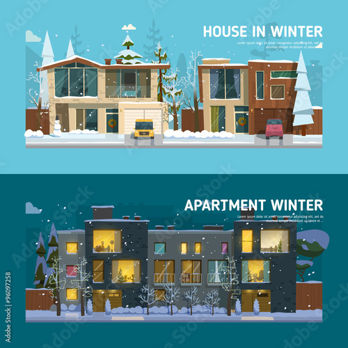 Two family house and apartment banners in winter.