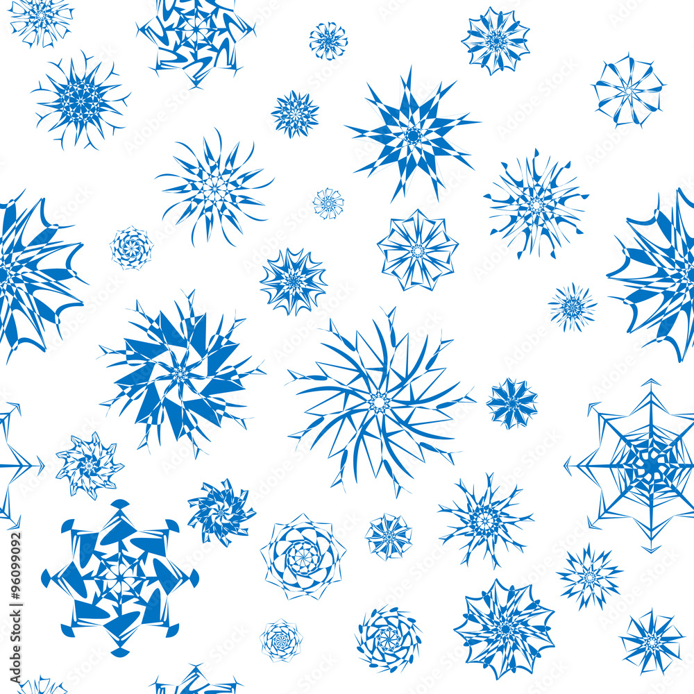 Elegant blue snowflakes of various styles isolated on white background