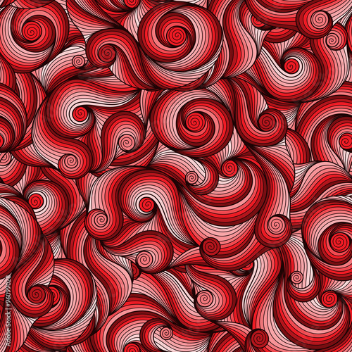 Seamless red abstract hand-drawn pattern, waves background