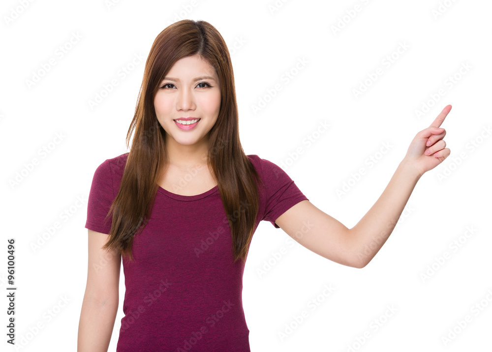 Asian Young Woman showing finger point up Asian Young Woman showing finger point up